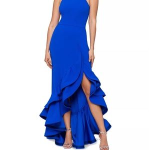Cobalt Blue Ruffled High-Low Gown